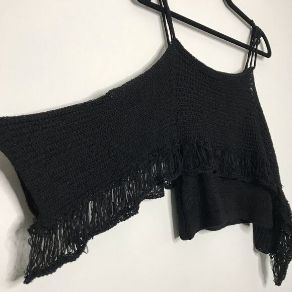 New SomeDays Lovin XSmall XS Black Crochet Off the Shoulder Knit Top Boho Fringe - Picture 4 of 8